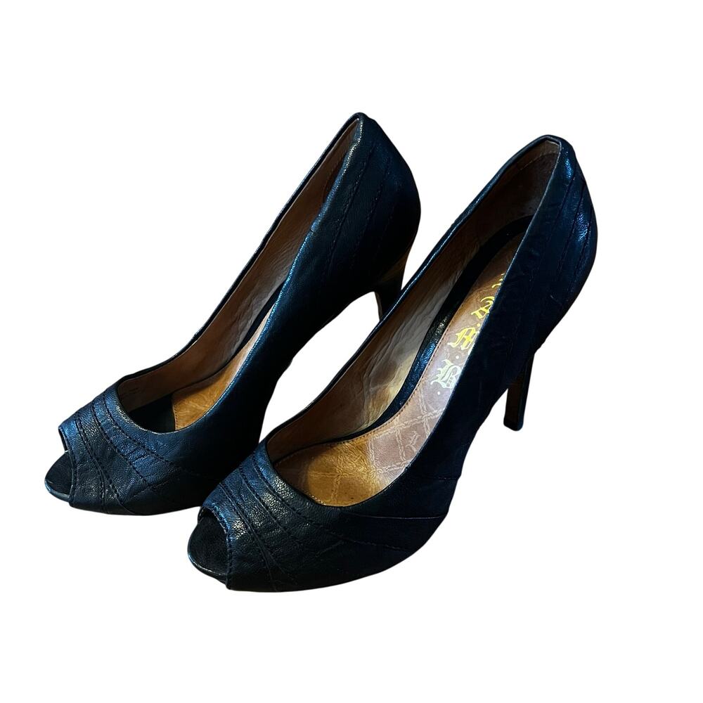 L.A.M.B. Randolph Black Textured Leather Peep Toe Stiletto Pumps | Size 8.5